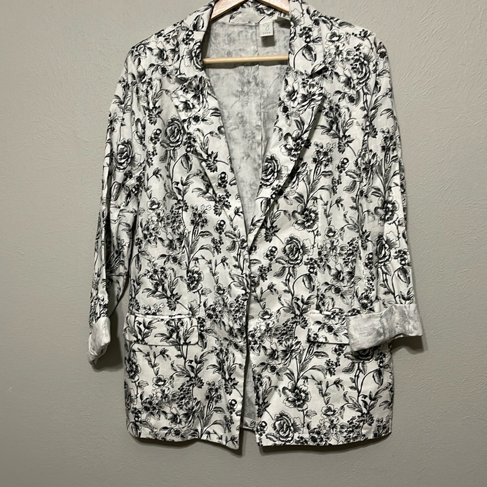 Joie 100% Linen Blazer in black and off-white floral print, size M